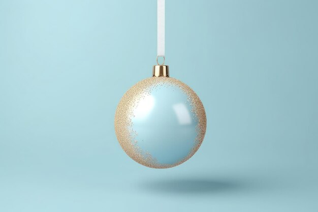 Blauwe kerstboom speelgoedbal met gouden decoratie op pastelblauwe achtergrond Nieuwjaarsviering Kerstkaart en vakantieverkoopconcept
