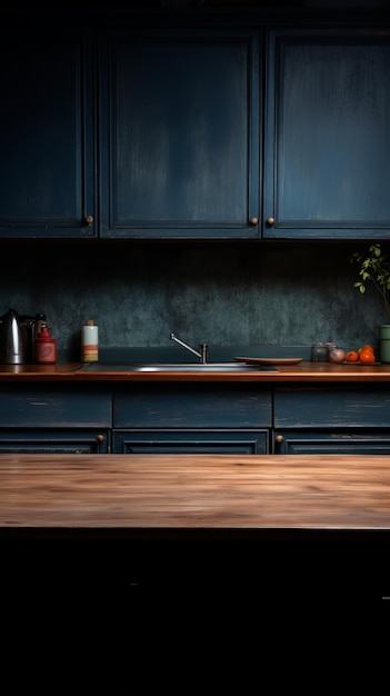 Foto blauwe keukenkast met houten tafel