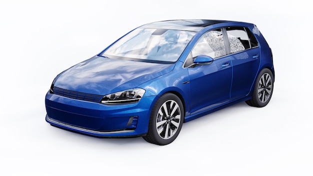 Blauwe kleine gezinsauto hatchback op witte achtergrond. 3D-rendering.