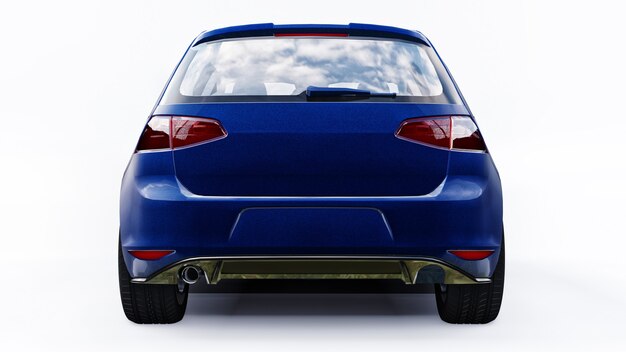 Blauwe kleine gezinsauto hatchback op witte achtergrond. 3D-rendering.