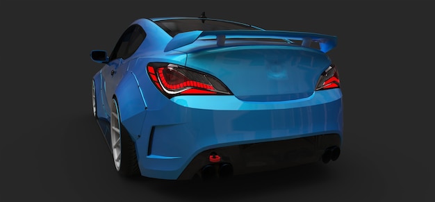 Blauwe kleine sportwagen coupe op grijze achtergrond. 3D-rendering.