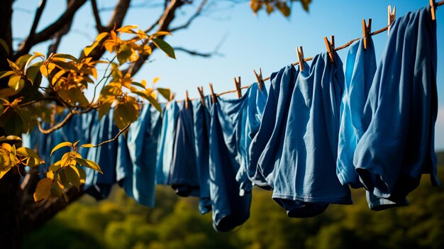 Foto blauwe kleren op de droge droge drooge waslijn