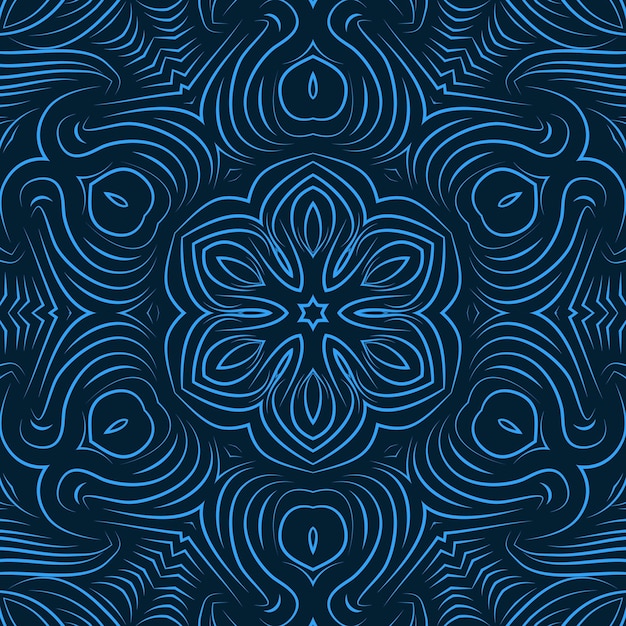 Blauwe kleur abstracte krullende lijn bloemen. Felle kleurenpatroon behang gebogen vormen