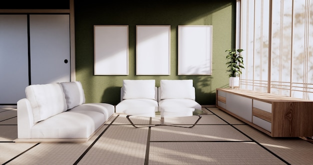 Blauwe kleur kamer design interieur met deur papier en kast plank muur op tatami mat vloer kamer japanse stijl. 3D-rendering