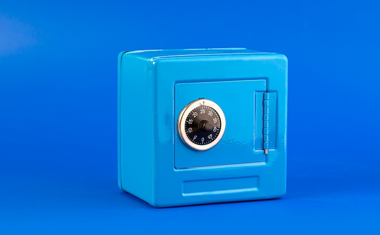 Foto blauwe kluis geïsoleerd op blauw