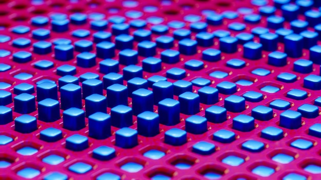 Blauwe knoppen gerangschikt in rijen op een rood oppervlak 3D-rendering illustratie