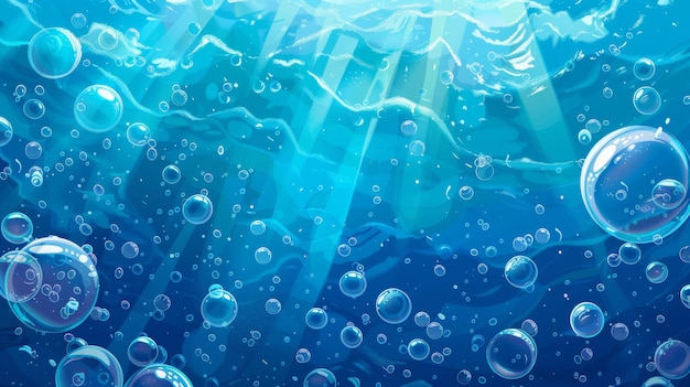 Blauwe koelwatertextuur met zonlichtstralen die de oppervlakte van de oceaan of de zee doordringen met golvende golven Cartoon-illustratie voor aquarium of zwembad