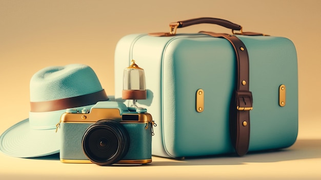 blauwe koffer met zonnebril