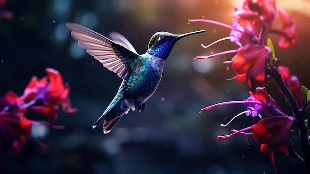 Blauwe kolibries vliegen naast violet subbrewing prachtige rode bloemen Kleine vogels vliegen in het bos