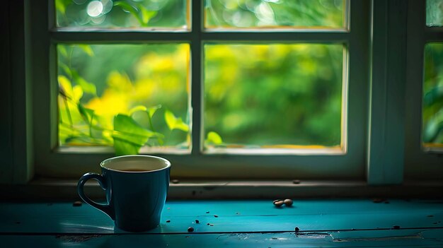 Blauwe kop koffie op een blauwe houten tafel voor een raam Het raam heeft een groen uitzicht naar buiten