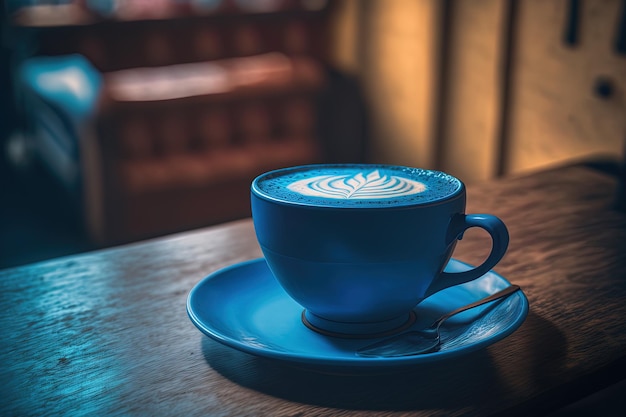 Blauwe kop koffie op een houten tafel in een café met verlichting op de achtergrond