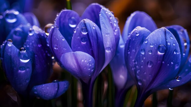 Blauwe krokusbloemen met de regendruppels erop