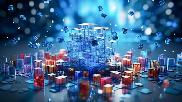 Blauwe kubus omringd door kleine kubussen Een meesterwerk van generatieve AI