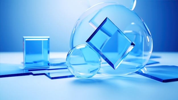 blauwe kubussen in een kristallen bol op blauwe achtergrond
