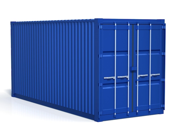 Foto blauwe ladingscontainer die op wit wordt geïsoleerd. 3d render