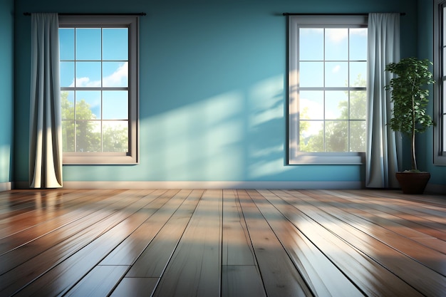 blauwe lege kamer met houten vloer en grote ramen met licht dat komt