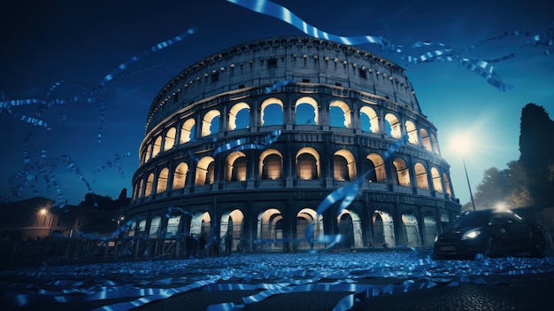 Blauwe linten vliegen's nachts over het Colosseum in Rome generatieve AI