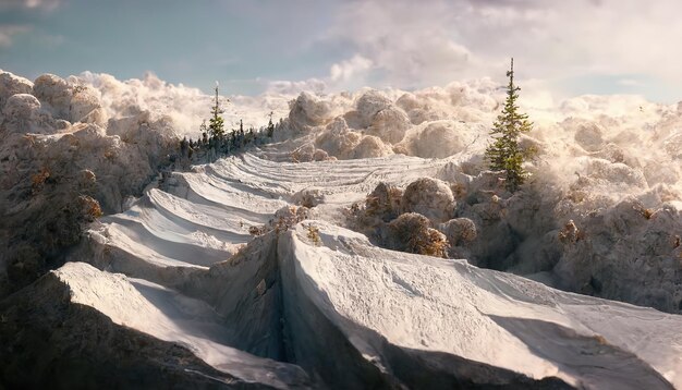 Blauwe lucht boven besneeuwde bergen sparren snowboarden in perspectief