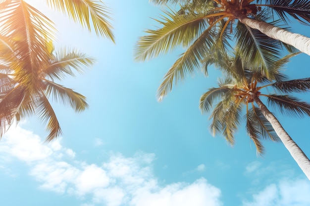 Blauwe lucht en palmbomen bekijken van onderen vintage stijl tropisch strand en zomer achtergrond reizen