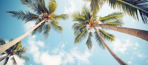 Foto blauwe lucht en palmbomen zicht van beneden vintage stijl zomer panoramische achtergrond generatieve ai