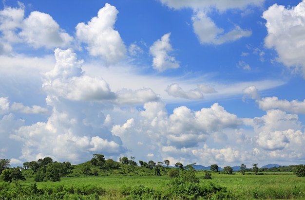 Blauwe lucht en pluizige wolken met berg- en weidelandschap