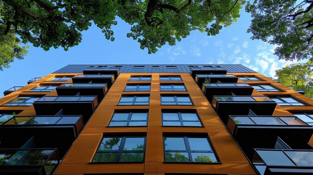 Blauwe lucht met weinig wolken en een milieuvriendelijk appartementengebouw in een groen park