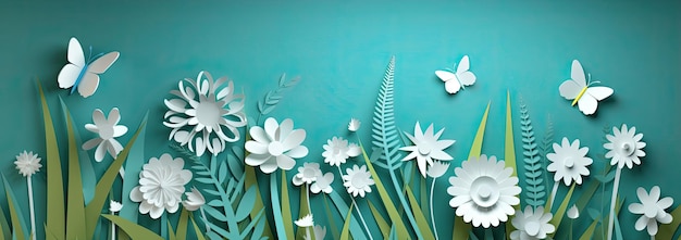 Blauwe lucht witte bloemen en wolken die een scène van Spring Generative AI afbeelden