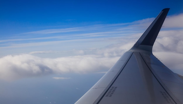 Blauwe luchtwolken vanuit het raam van het vliegtuig voor achtergrond Luchtfotoruimte voor panoramische tekstbanner