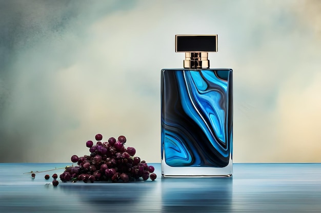 Foto blauwe marmeren parfuumfles branding elegante en hedendaagse parfuum sjabloon