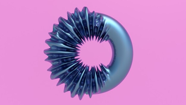 Blauwe metalen ring vervormt. Roze achtergrond. Abstracte illustratie, 3D-rendering.