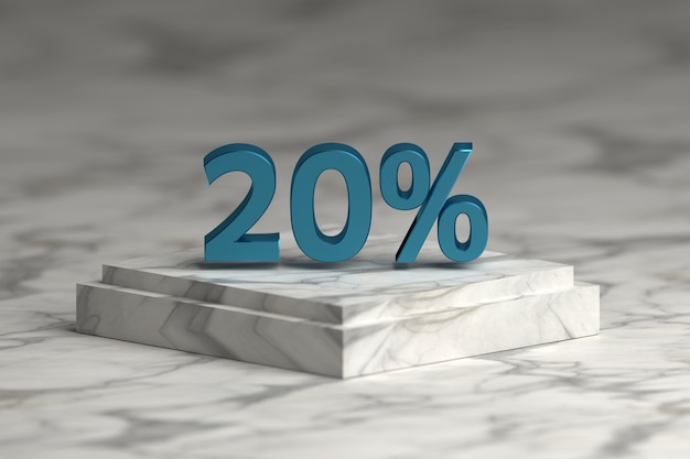 Blauwe metallic glanzende 20 procenttekst. Koop 20% nummers op een marmeren voetstuk.