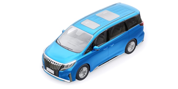 Blauwe minibus gezinsauto. Premium zakenauto. 3D illustratie.