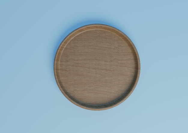 Blauwe minimale eenvoudige productdisplaystandaard houten schotel bovenaanzicht plat boven voor natuurproducten