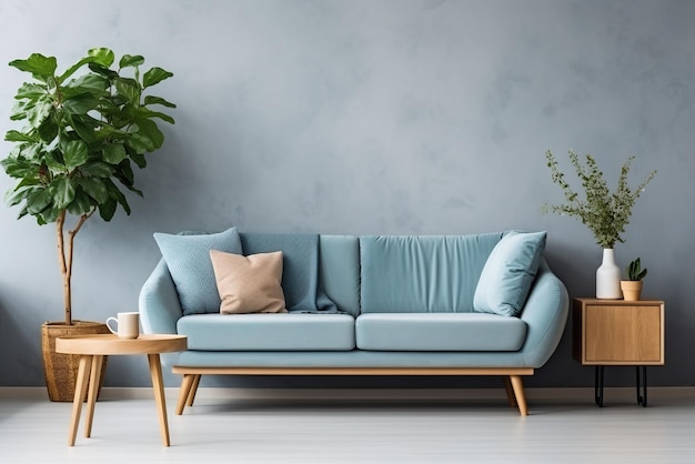 Blauwe moderne minimalistische woonkamer interieur