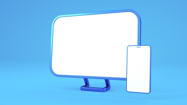 Blauwe monitor met telefoon bij elkaar geplaatst op een blauwe achtergrond 3D-rendering