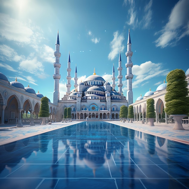 Blauwe moskee in het midden van de stad 3D-weergave
