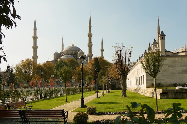 Blauwe moskee uitzicht vanaf sultanahmet park in istanbul, turkije