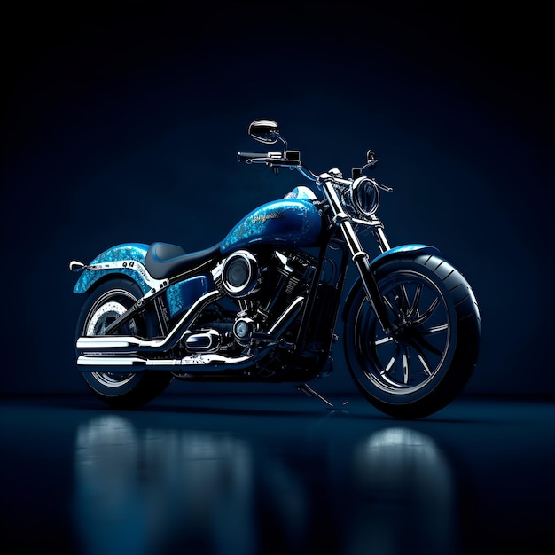 Blauwe motorfiets op een donkere achtergrond 3D illustratie 3D-rendering