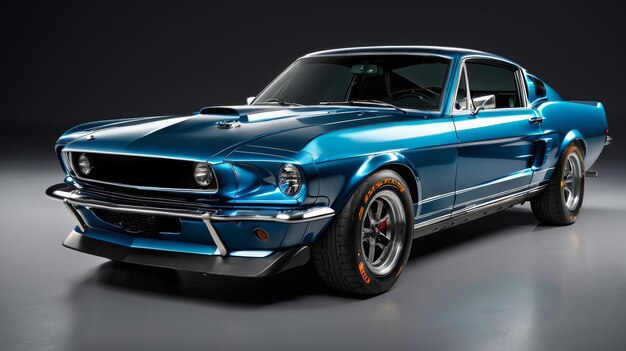 Blauwe Mustang in een donkere kamer.