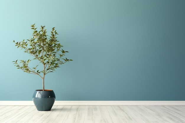 blauwe muur lege kamer met groene plant in vaas