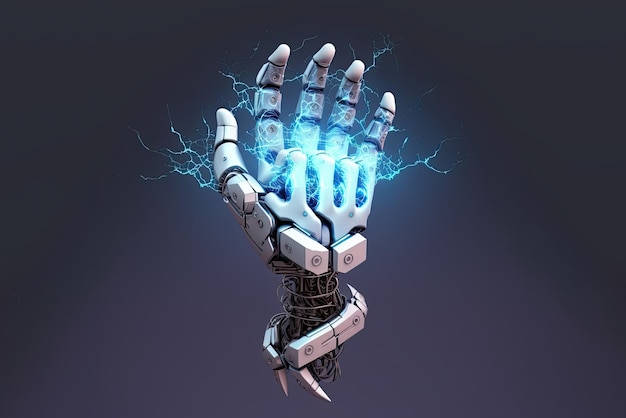 Blauwe neon robot mechanische arm of hand met 5 vingers in laboratorium De toekomst van robots en robotica AI Kunstmatige intelligentie en machinaal leren AI generatief