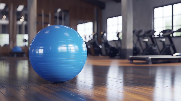 Foto blauwe oefenbal in de sportschool de bal zit op een houten vloer in een kamer met oefenapparatuur op de achtergrond