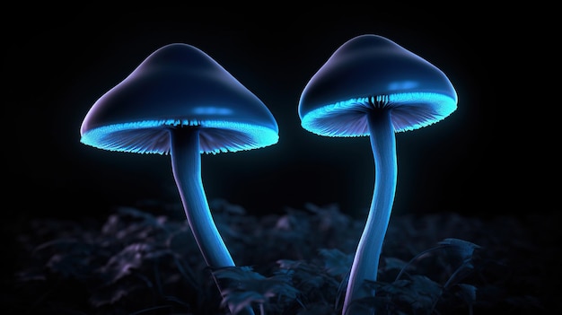 Blauwe paddenstoelen in het donker met een zwarte achtergrond