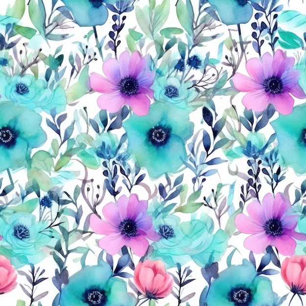Blauwe pastel aquarel bloemen naadloze patroon textuur achtergrond