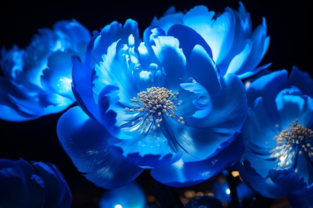 Foto blauwe peony dromen spectrale lichtverlichting