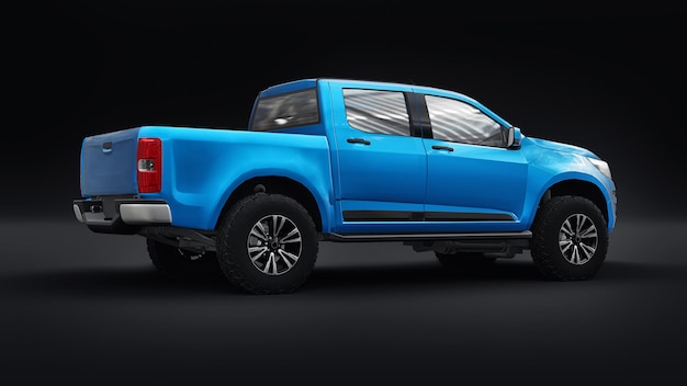 Blauwe pick-up auto op een witte achtergrond. 3D-rendering.