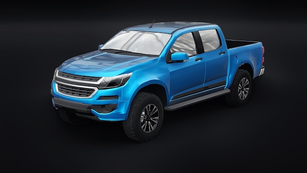 Blauwe pick-up auto op een witte achtergrond. 3D-rendering.