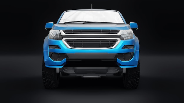 Blauwe pick-up auto op een witte achtergrond. 3D-rendering.