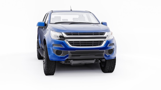 Blauwe pick-up auto op een witte achtergrond. 3D-rendering.