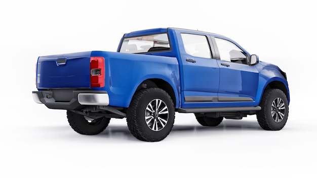 Blauwe pick-up auto op een witte achtergrond. 3d-rendering.